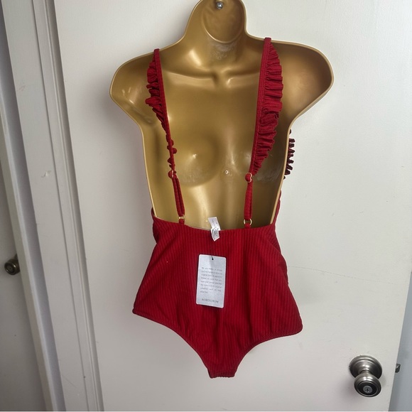 Made By Dawn Revolve Red Butterfly Root Ribbed Ruffle One Piece Swimsuit NWT S - Picture 8 of 16